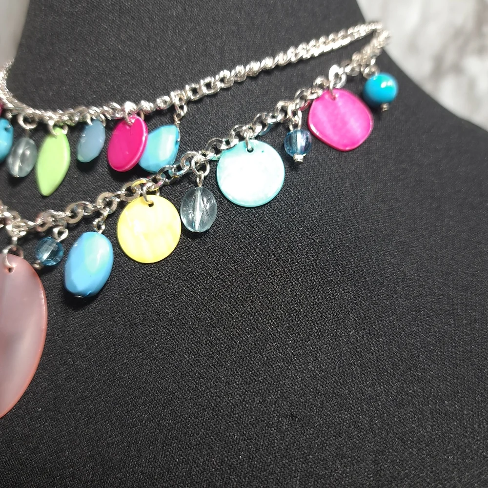 Women's Necklace Pink & Blue Acrylic Beads & Mother Pearls Silver Tone 10 Inches